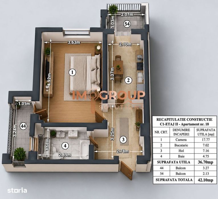 Apartament cu 1 cameră, decomandat, două balcoane și parcare inclusă