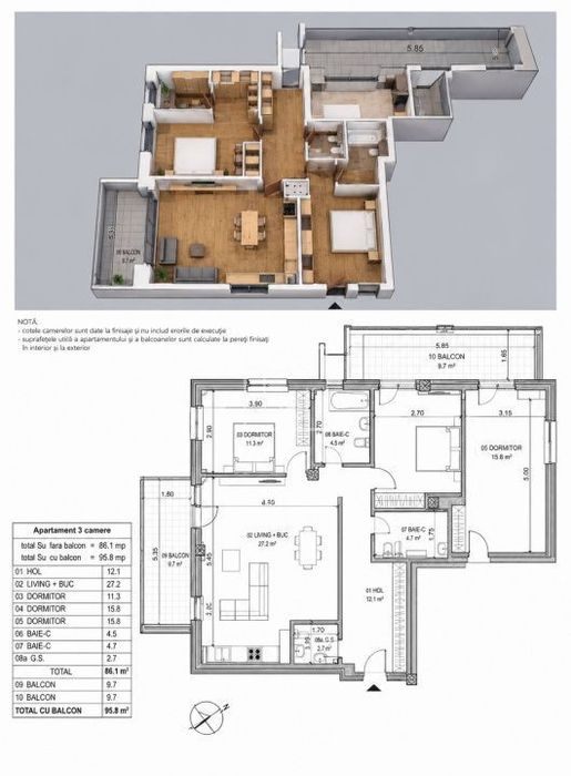 Apartament 3 camere 86 mp Bloc Nou Central Loc Parcare Inclus