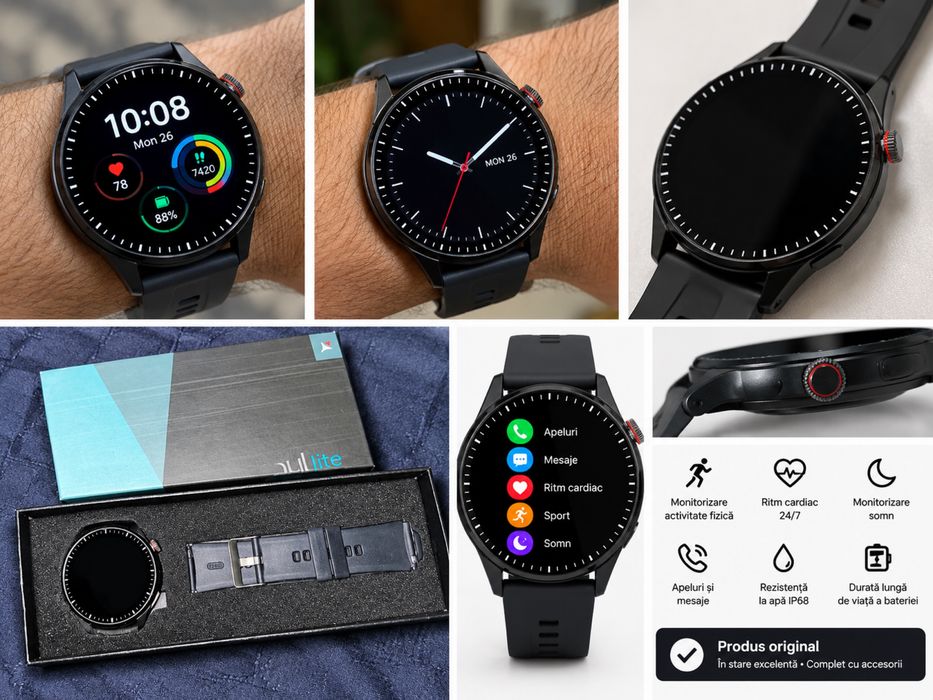 Vând smartwatch elegant, negru, cu ecran rotund