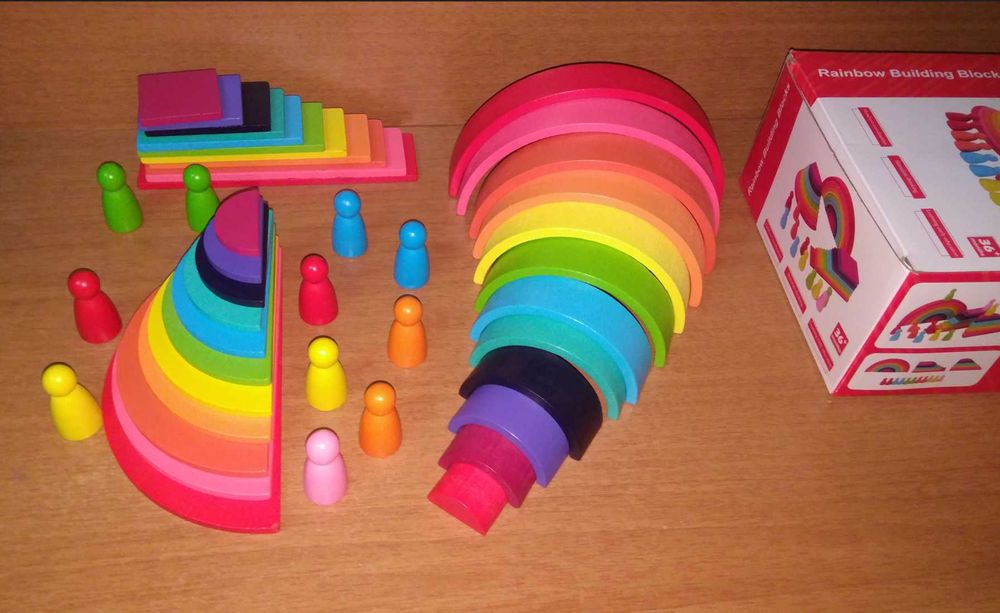 ТОП 4в1! Дървен сет по модел Grimms с полукръгове, табли, дъга, пионки