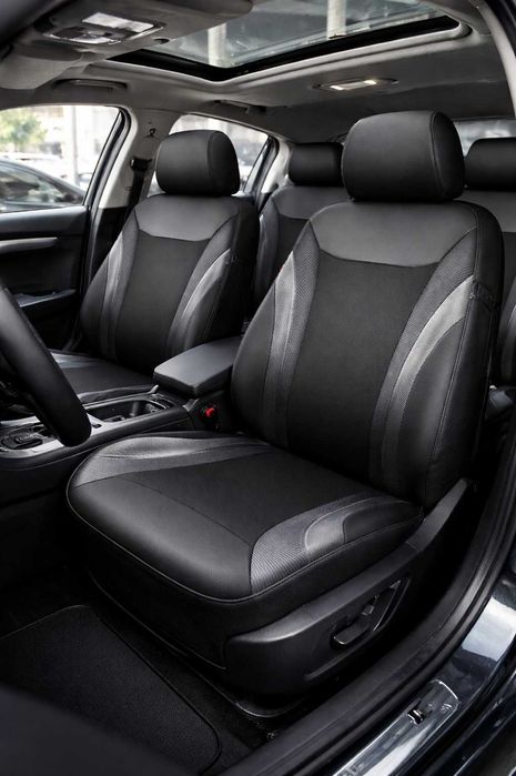 Луксозна автомобилна тапицерия 9 части - черна с карбон ефект, еко кожа и дишащ текстил