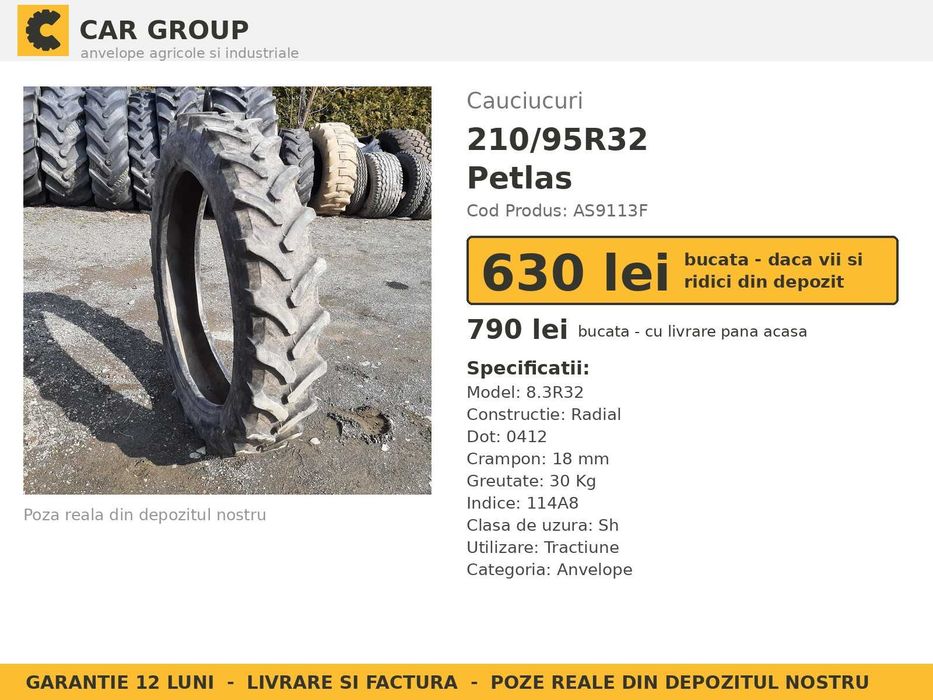 Cauciucuri Anvelope 210/95R32 210/95 R32 8.3R32 8.3-32 2109532 Petlas Prasitoare Tractor Roti Inguste SH Second Hand IEFTIN Oferta Pret Bun Reducere