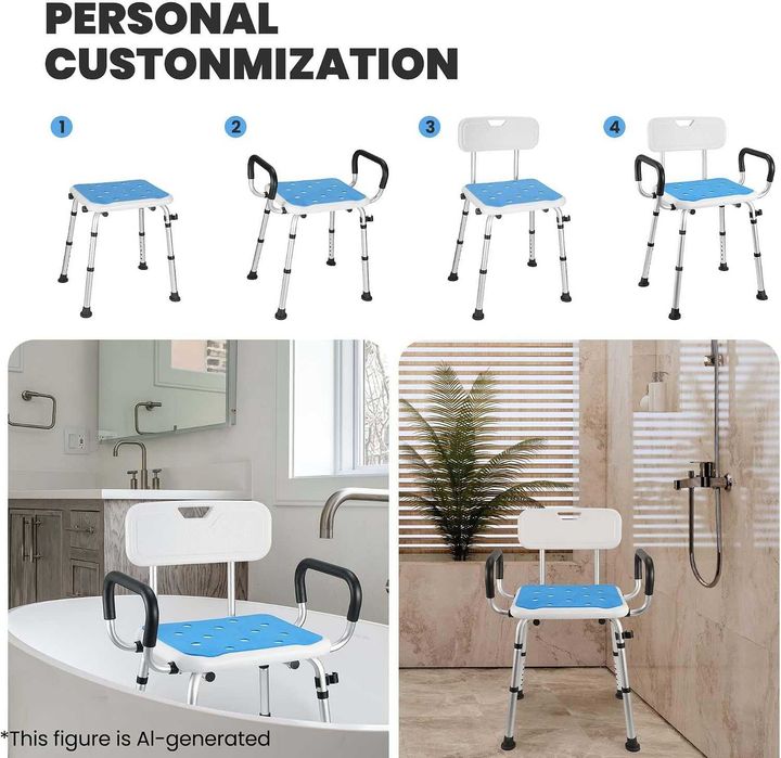 REDUS de la 550 RON, Scaun reglabil baie sau dus din aluminiu cu suport para dus, max 150kg, pt Seniori, Gravide sau Invalizi