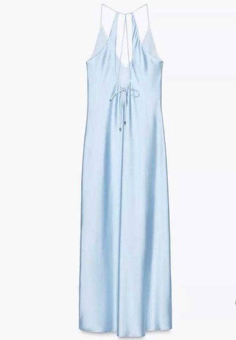 Zara rochie midi lunga baby blue satin spate decupat v