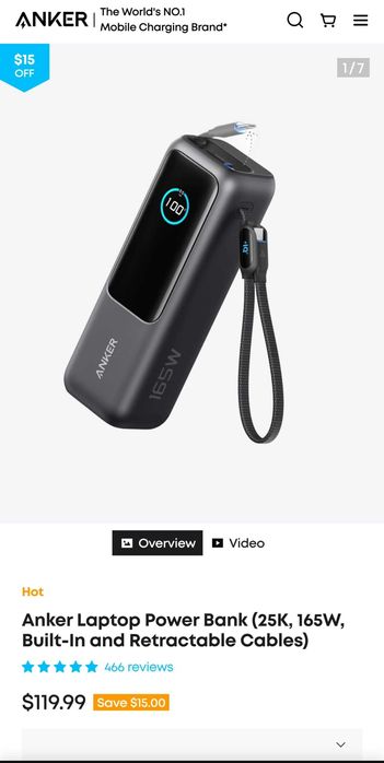 Anker Laptop Power Bank (25K, 165W, Built-In Cables)