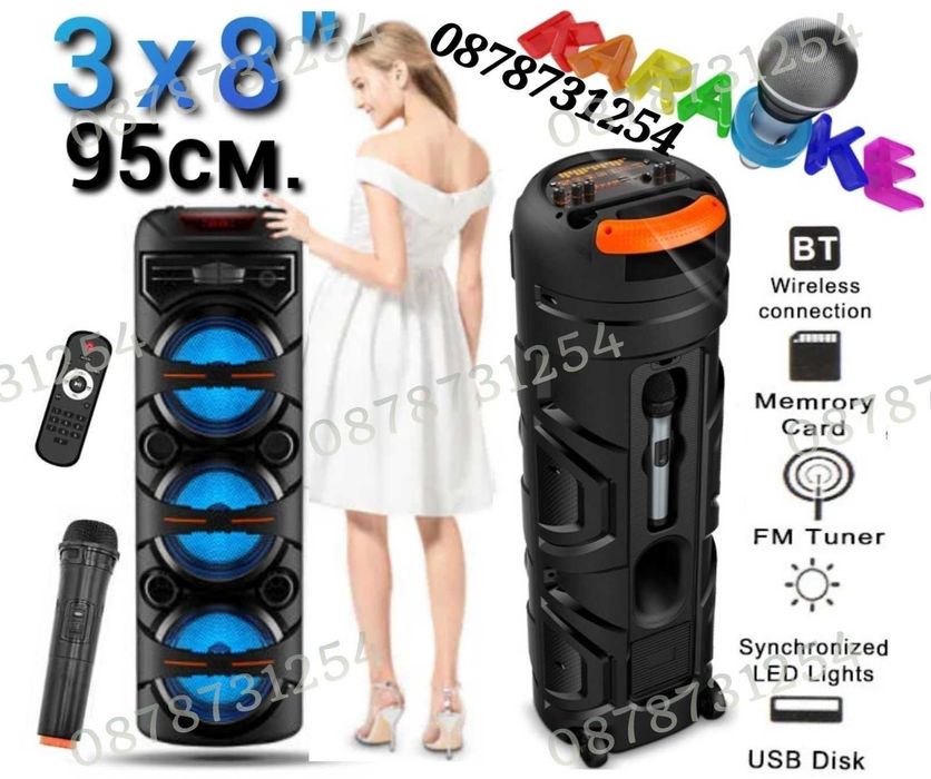 Голяма и Мощна Тонколона 3х8 инча с Безжичен Микрофон и Дистанционно