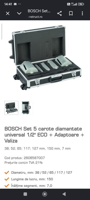 Set carote diamantate BOSCH profesionale 38 127 mm cu valiza adaptoare pentru beton si zidarie