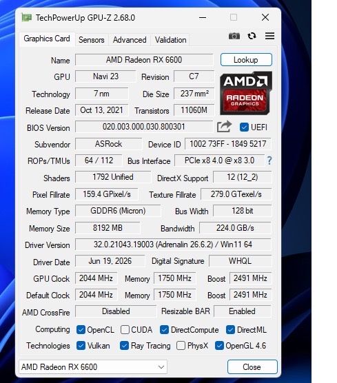 GPU RX 6600 8GB Challenger