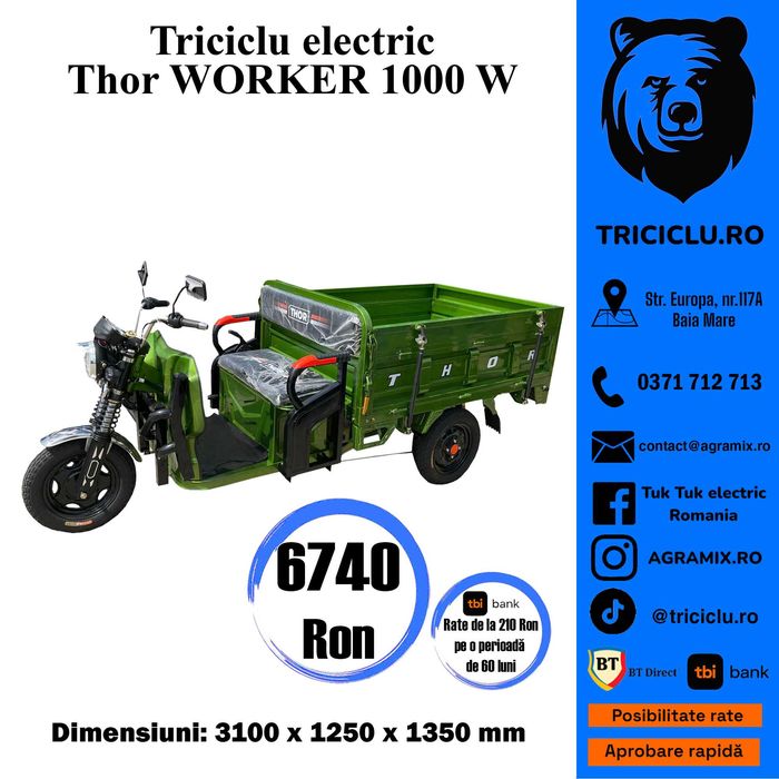 Triciclu electric nou THOR WORKER 1000W cu bena Agramix