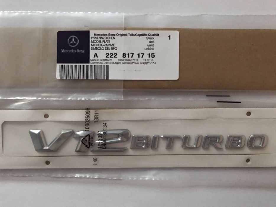 Emblema Mercedes V12 Biturbo Originala ABS crom/negru