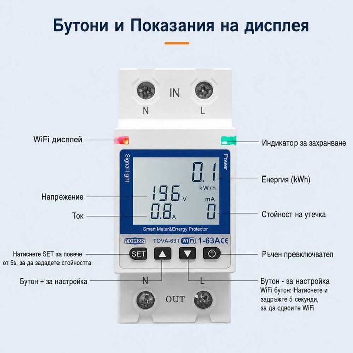 WiFi Смарт Защита и Електромер TOMZN TOVA-63T – 63A | Tuya Smart / Smart Life