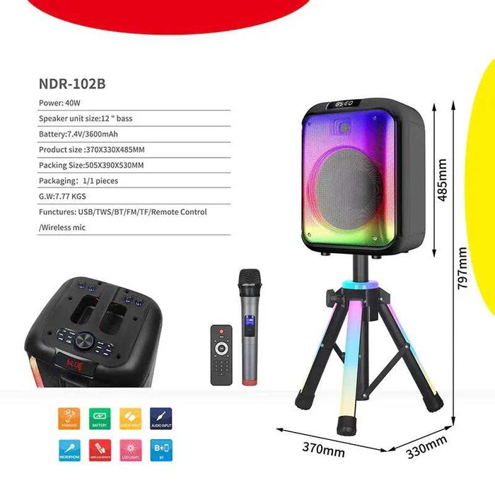 Активна Bluetooth тонколона NDR-102B с безжичен микрофон и радио