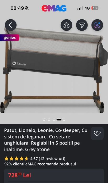 Vând pătuț LIONELO (reglabil pe inaltime, co-sleeper, sistem de legănare, setare unghiulară)
