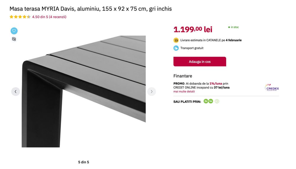 Masa terasa gradina din aluminiu 155 x 92 x 75 cm gri antracit curte