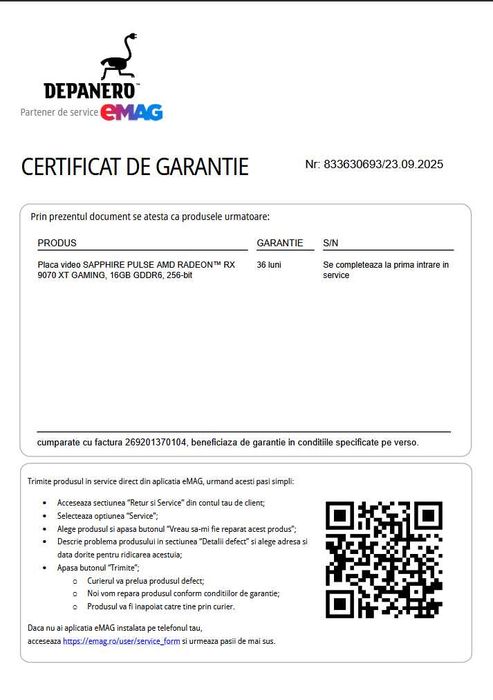 Saphhire Pulse RX 9070 XT GAMING, 16GB GDDR6 Garantie 26 luni