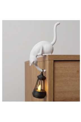 Figurină Decorativă Pisică Curioasă cu Mini-Felinar LED Agățat