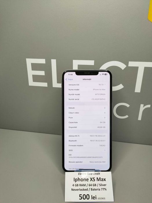 Iphone XS Max 64GB Silver/Neverlocked/Baterie:77%/Stare buna! ID2363-AG2