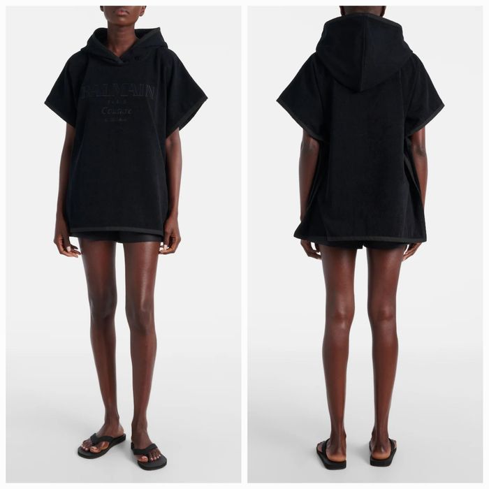 BALMAIN S/M черно плажно пончо cover-up хавлиена туника с качулка лого