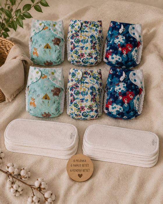 Set 6 scutece textile reutilizabile + 6 inserții din bumbac + 6 inserții din cânepă