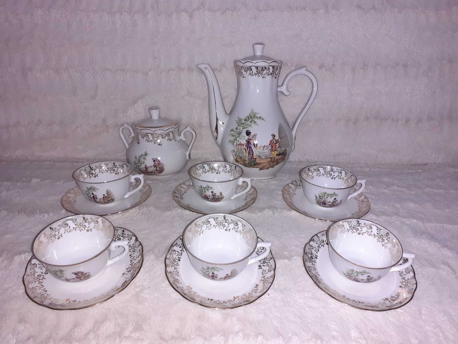 Set cafea portelan frantuzesc F.D. Chauvigny desene asiatice