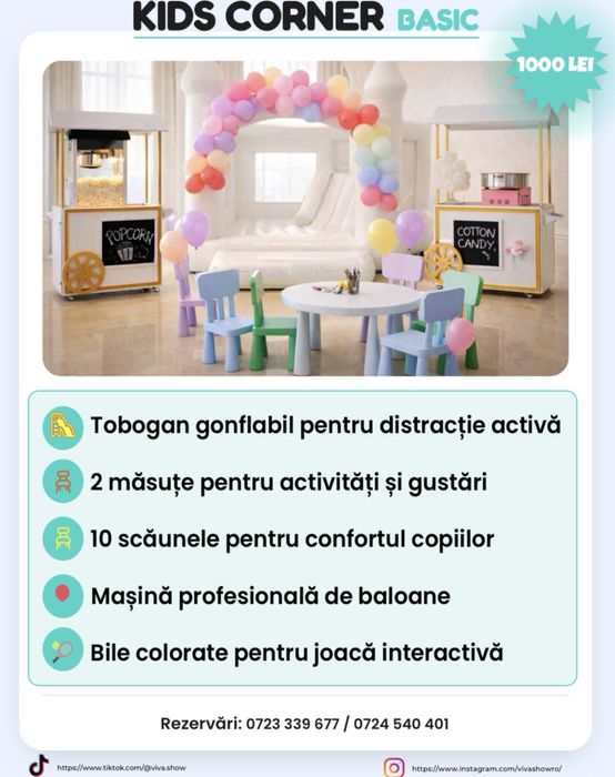 Kids Corner petrecere copii | Tobogan gonflabil, animator, popcorn