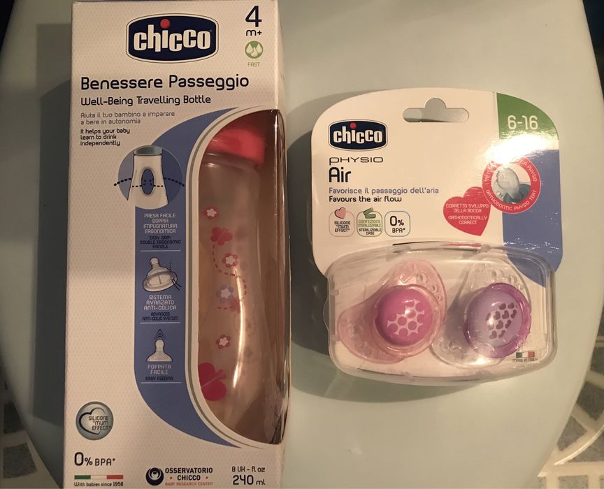 Залъгалка CHICCO 2бр. + Шише CHICCO… Нови!