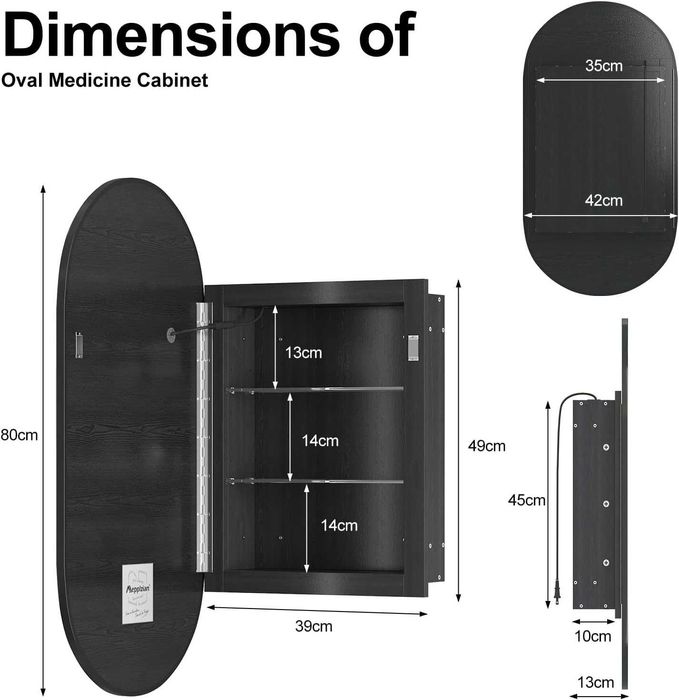 ЛЕД LED огледален шкаф за баня с осветление, 42x80см  овален черен