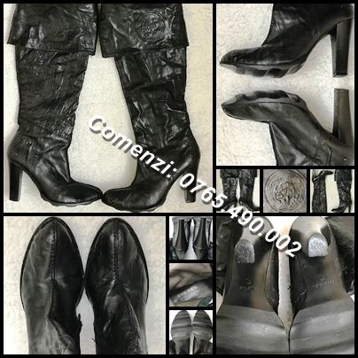 Cizme negre brand Diesel peste genunchi dama piele originale toc 11 cm