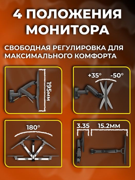 Кронштейн для монитора настенный наклонно-поворотный