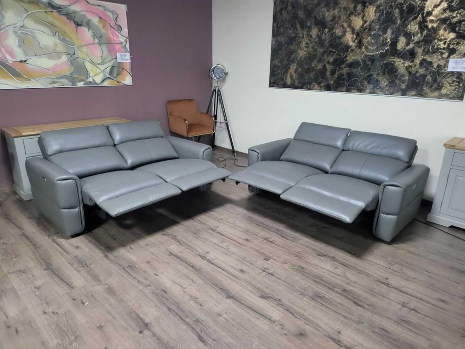 Сив кожен комплект дивани две двойки с електрически релакс механизъм