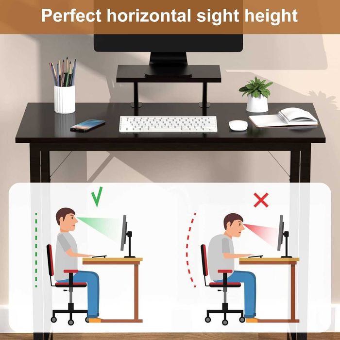 Бюро с подвижна стойка за монитор, черна офис маса, бюро за компютър