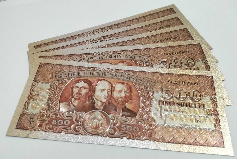 500 Lei 1949-Lot 5 bucăți-Horea Cloșca Crișan-Silver Edition-bancnote ornamentale / suveniruri / educaționale placate argint 999‰