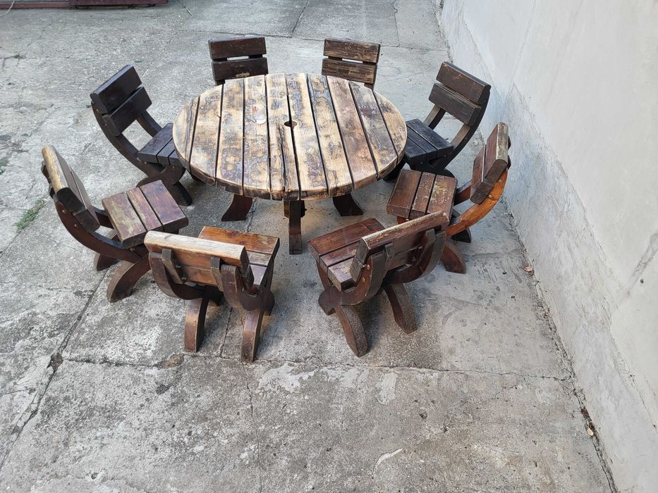 Masa + 8 scaune - SET TERASA din lemn masiv / ideal curte gradina terasa bar