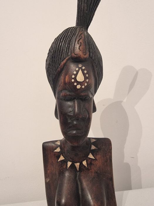 Sculptura lemn masiv bust femeie africana inserti fildes