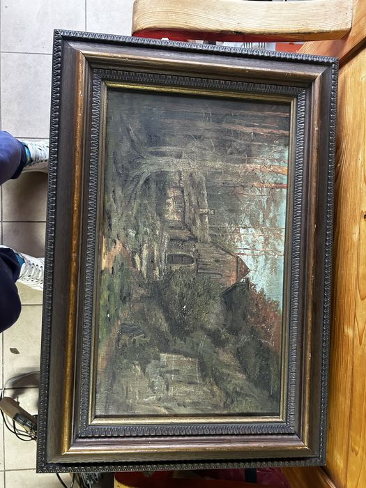 Tablou vechi pe pânză, peisaj rustic – ramă lemn masiv, stare bună