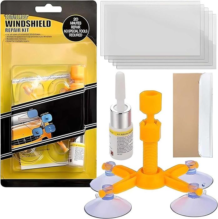 Kit reparatie parbriz auto cu rasina aplicator ventuza folie si lama