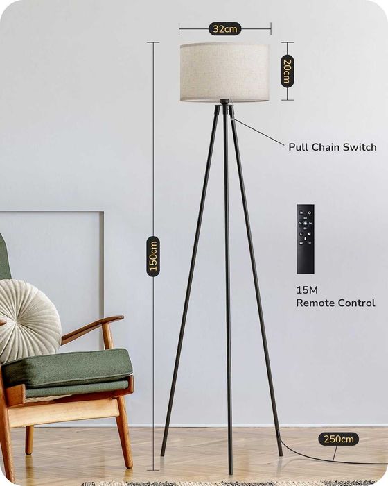 Lampă de podea EDISHINE trepied metalic negru | LED dimabil 3000K–6000K | telecomandă magnetică | bec E27 inclus