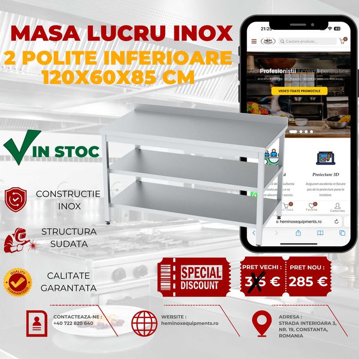 Masa De Lucru Inox Cu 2 Polite Diferite Dimensiuni în Stoc