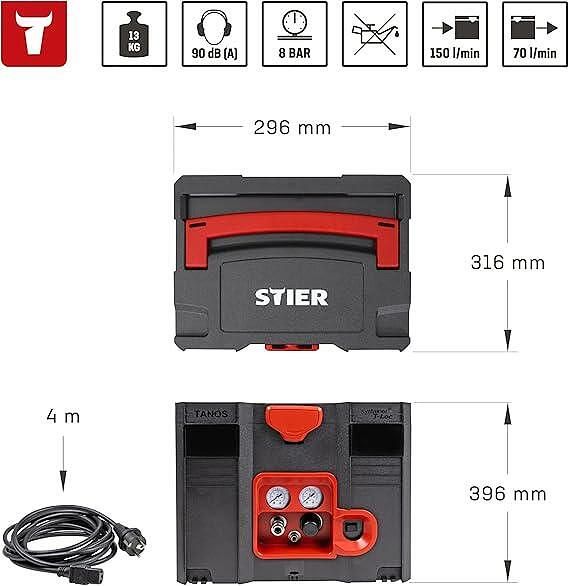 Компресор stier systainer skt 160-8-6 безмаслен 1,100 w мощност