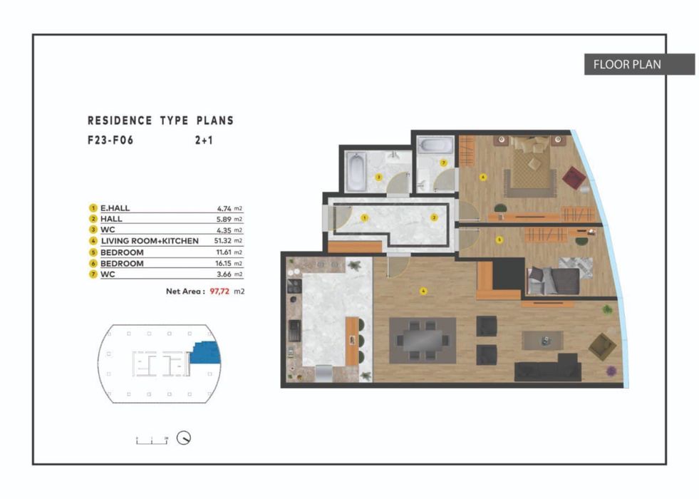 Новостройка PİRAMİT TOWER турар жой мажмуаси 3xonalık, 97м2 сотилади