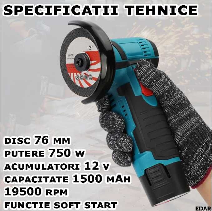 Акумулаторен мини ъглошлайф със 2 батерий 12V