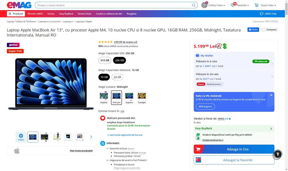 Laptop Apple MacBook Air 13 M4 16GB 256GB sigilat GARANTIE 2026