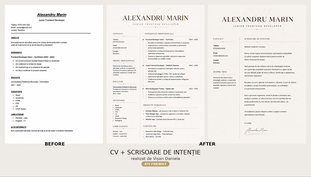 CV profesional ATS Friendly + Scrisoare de intenție | Design modern