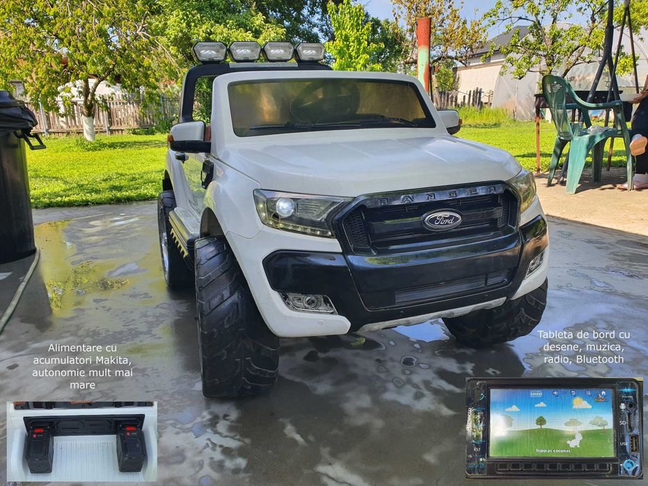 Masinuta electrica copii Ford Ranger 4x4, acceleratie progresiva, compatibila baterii Makita, alba 21V Li Ion