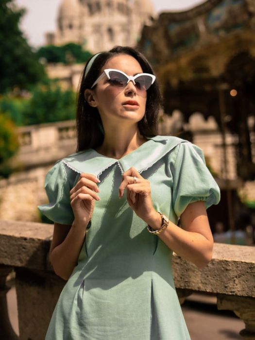 Rochie din in midi de vară culoare verde mentă cu guler peter pan