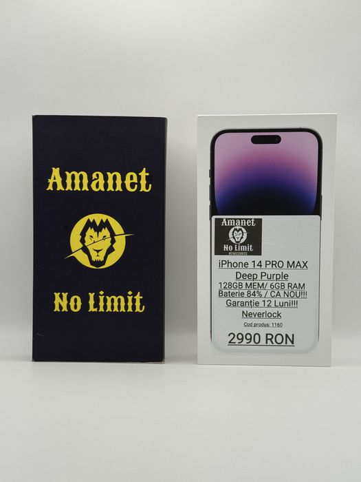 iPhone 14 Pro Max 128GB Purple CA NOU Baterie 84% Garantie 1An.