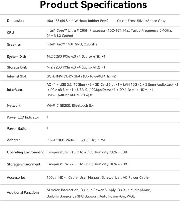 Mini PC Мини Пк Beelink GTI15 Intel Ultra 9 285H 64GB DDR5 2TB SSD