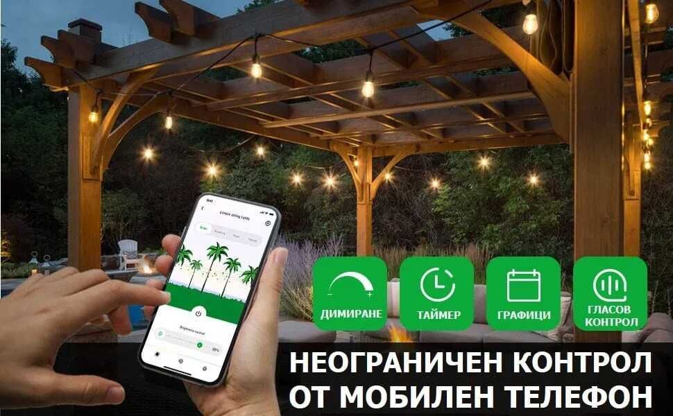 НЕМСКА WiFi Светлинна Верига Димируема с Нечупливи Крушки IP65 Комплект 15 метра / 30 метра + ЛЕД ФЕНЕР