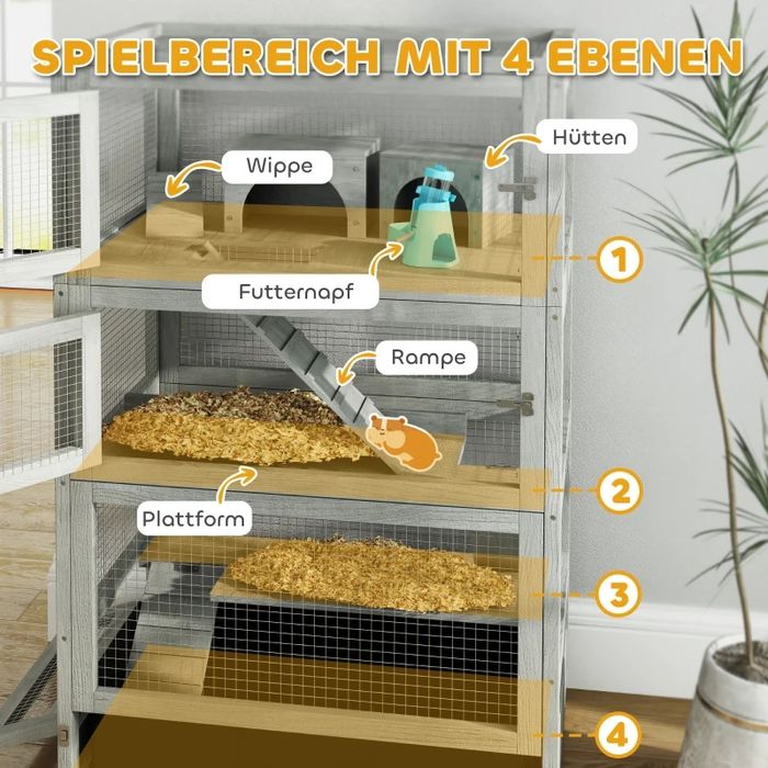 Дървена клетка за гризачи на 4 нива с къщички, люлка
