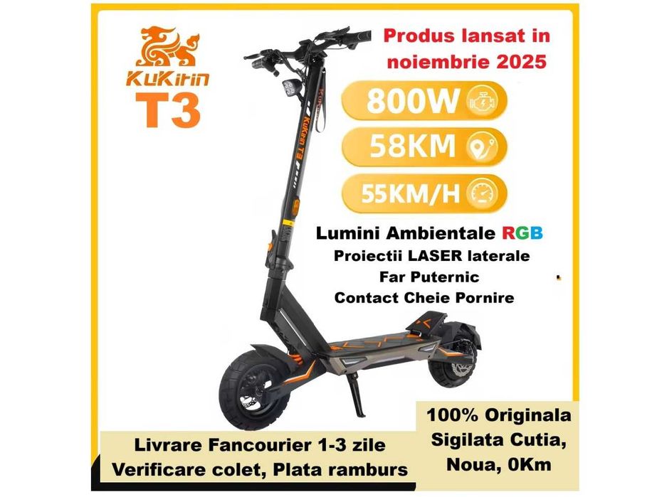 Noua Sigilata‼️ Kukirin T3‼️ 2026‼️Motor 800W, 50-55 Km/h, Lumini Ambientale RGC, Cheie Contact, Design deosebit Lumini Laser laterale,